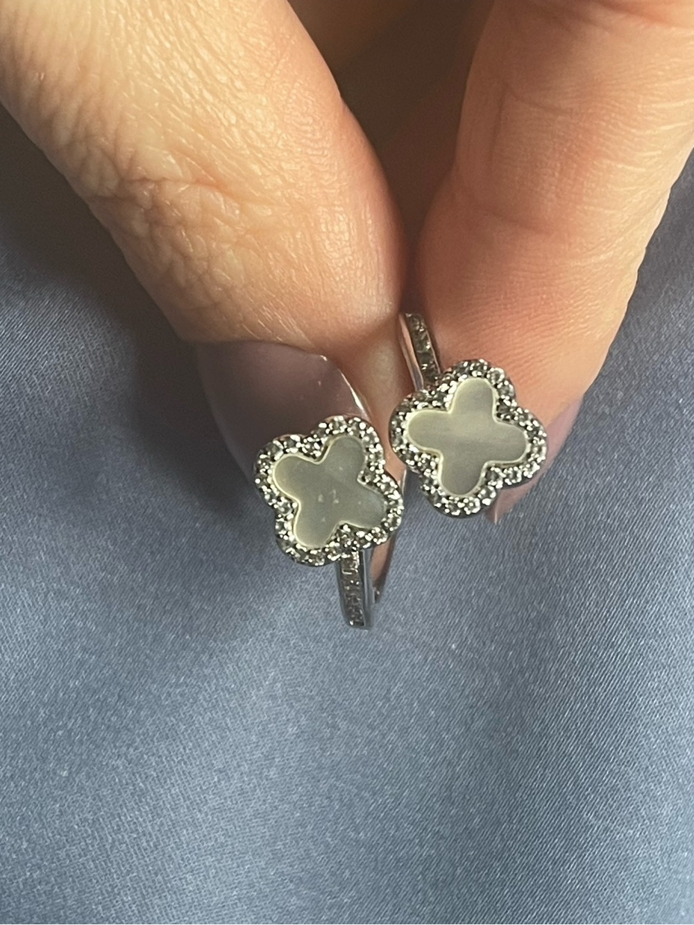 Silver Clover Loop Earrings with White Mother-of-Pearl Inlay
